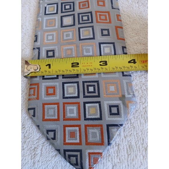 City Of London Silk Tie Gray With Geometric Squares Office Career - Picture 8 of 9